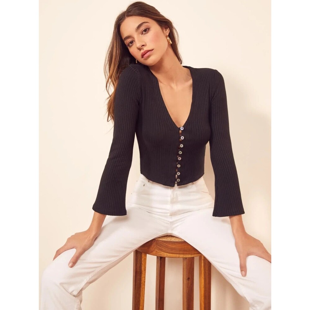 Reformation The Gellar Black Ribbed Button Front Bell Sleeve Crop Top Womens L - Picture 1 of 8